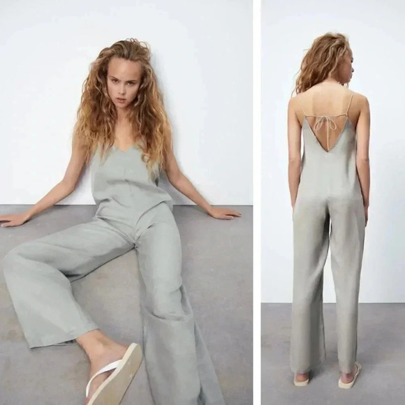 NWT Zara Long Flowy Jumpsuit in Grey Lagenlook Influencer Favorite - Picture 1 of 9